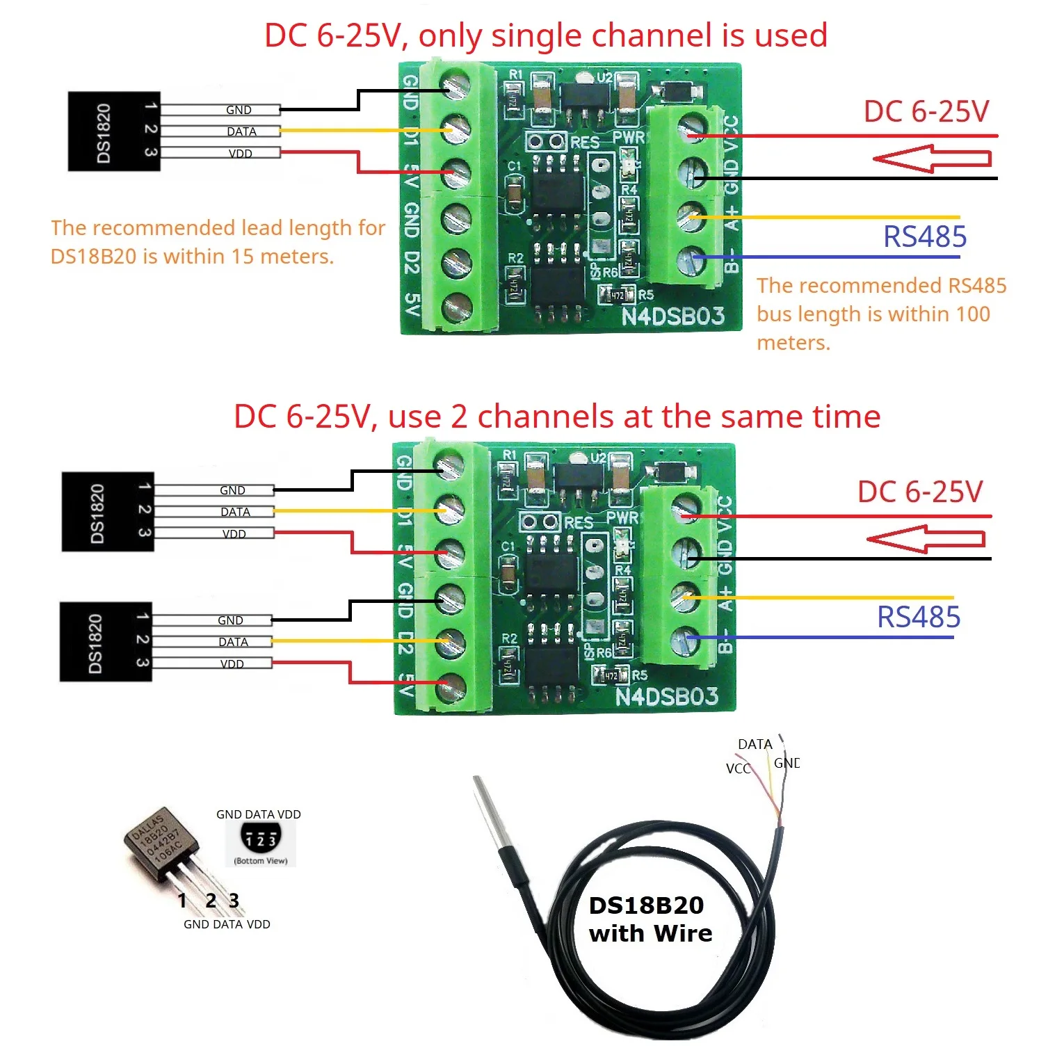 Ds18B20 Temperature Sensor - -55 tot +125C DS18B20 Sensor 1-2CH